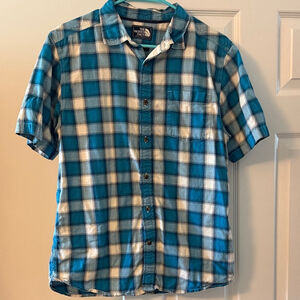 The North Face Men's Turquoise and White Plaid button front Shirt 100% cotton